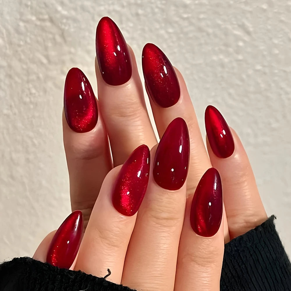 108pcs Cat's Eye Press-On Nails – 4 Styles in Red Almond Shape