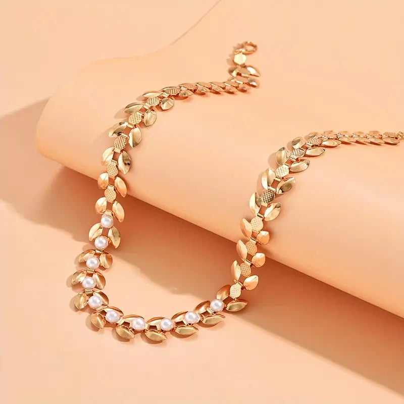 Wheat Spike Choker Necklace with Faux Pearls