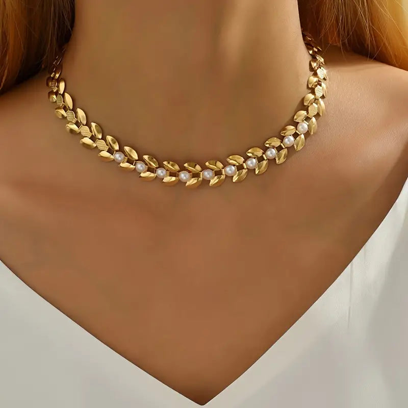 Wheat Spike Choker Necklace with Faux Pearls