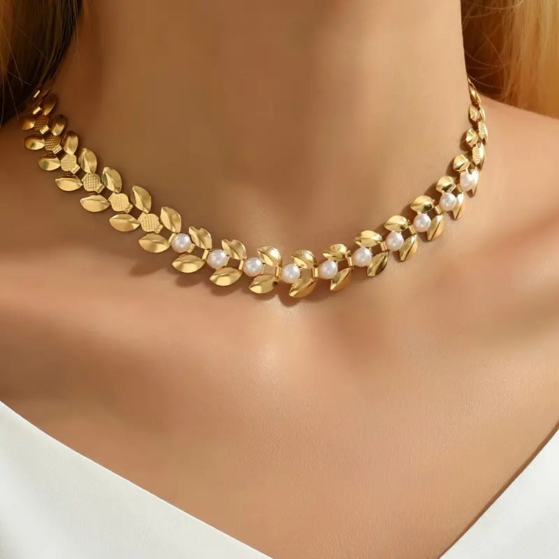 Wheat Spike Choker Necklace with Faux Pearls