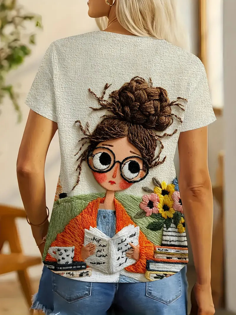 Women’s Casual Embroidered T-Shirt – Reading Print Graphic Tee with 3D Floral Design