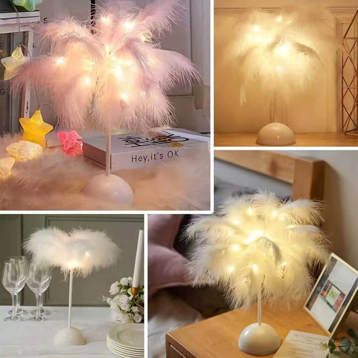 Simulated feather night light with DIY design, battery-powered for home, bedroom, and festive decorations