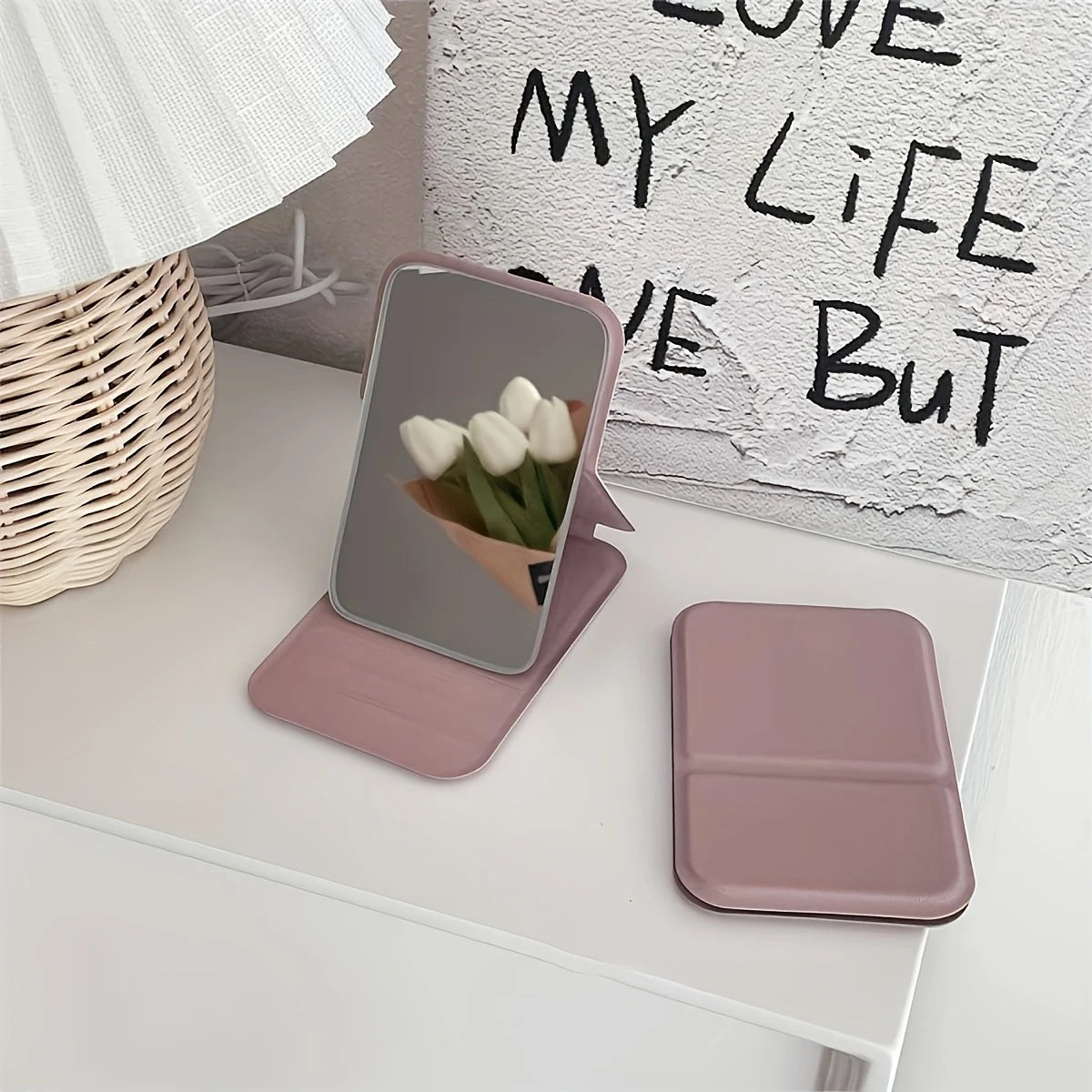 Folding Mini Makeup Mirror with PU Stand