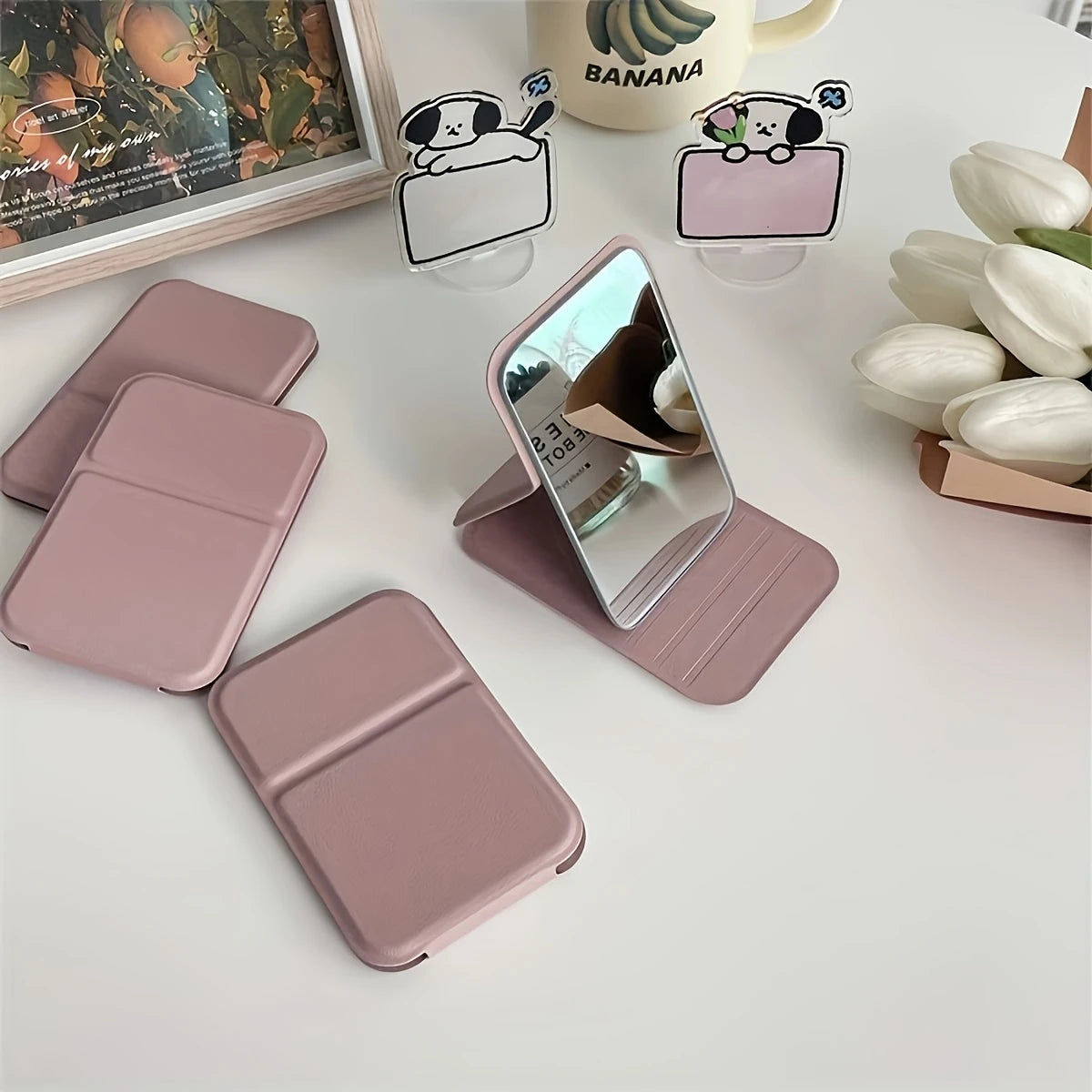 Folding Mini Makeup Mirror with PU Stand