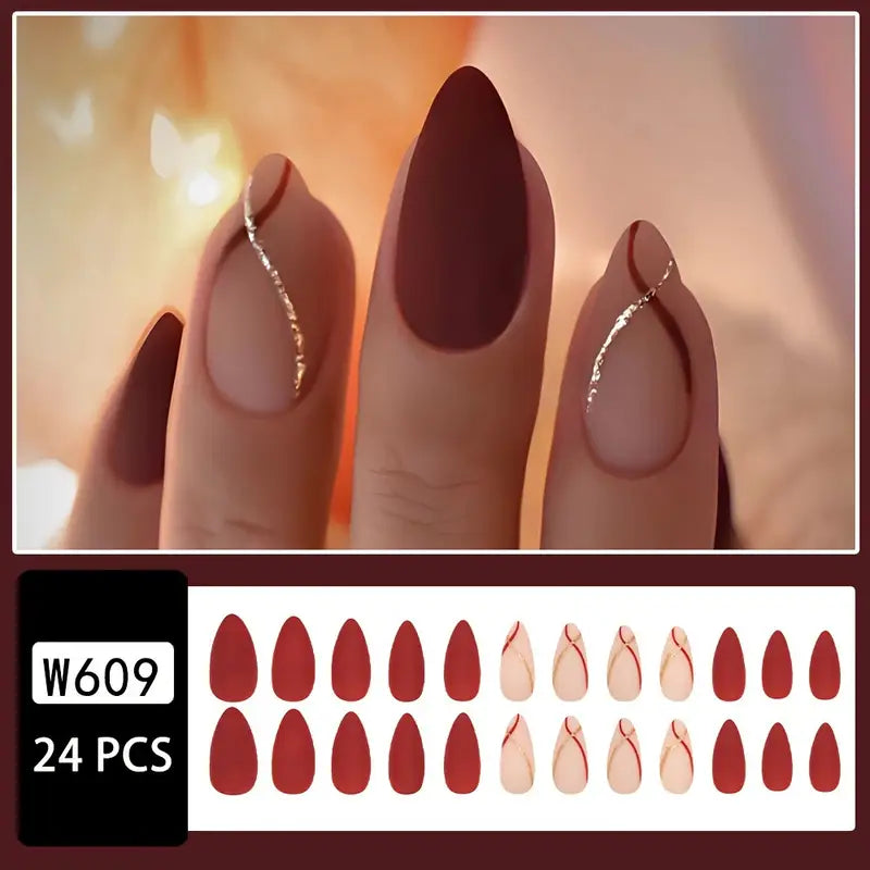 24pcs Matte Wine Red Almond Press-On Nails with Golden Foil Stripe Design – Elegant Medium-Length Nail Art