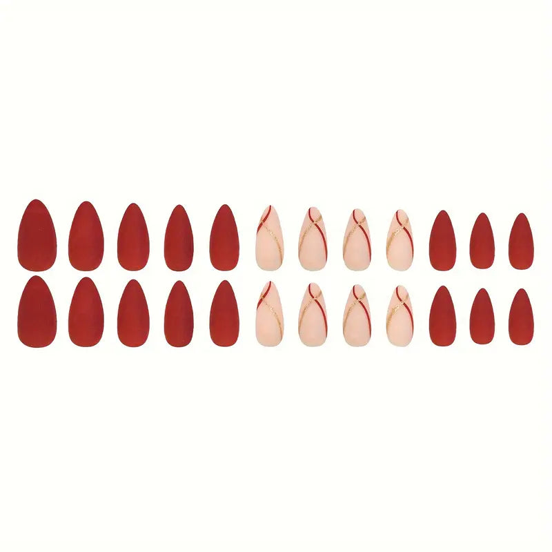 24pcs Matte Wine Red Almond Press-On Nails with Golden Foil Stripe Design – Elegant Medium-Length Nail Art