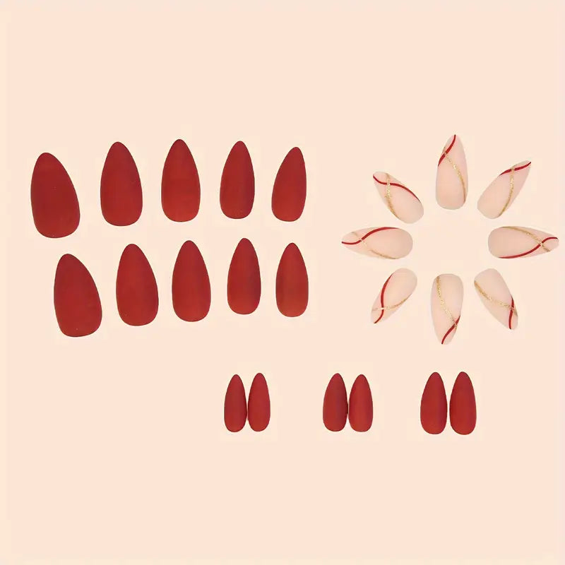 24pcs Matte Wine Red Almond Press-On Nails with Golden Foil Stripe Design – Elegant Medium-Length Nail Art