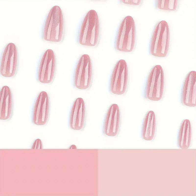 30 & 24- Piece Nude Almond Shaped Press-On Nails – Medium Length with Glossy Cat Eye Finish