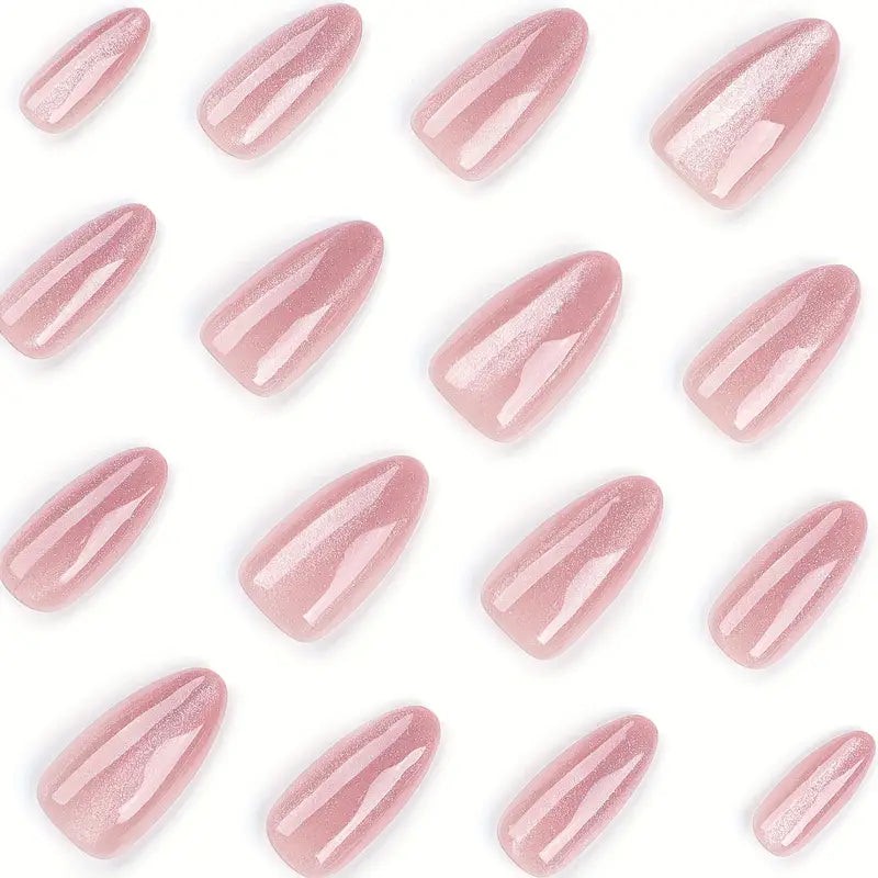 30 & 24- Piece Nude Almond Shaped Press-On Nails – Medium Length with Glossy Cat Eye Finish