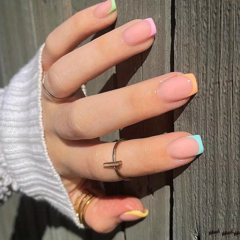 Short Square Press-On Nails – Glossy French Tip Acrylic Nails (24pcs)