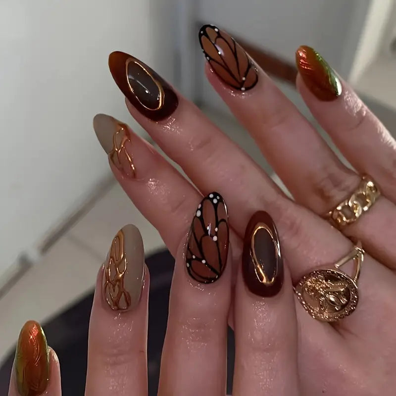 YelloTee 24pcs Brown Almond Press-On Nails with 3D Butterfly Design and Gold Accents – Glossy Fake Nail Set
