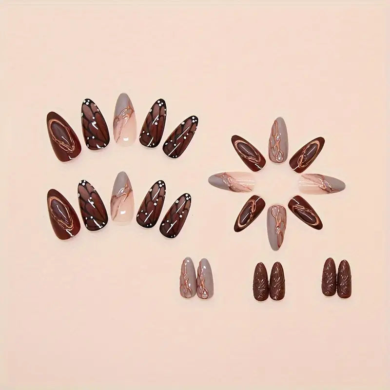 YelloTee 24pcs Brown Almond Press-On Nails with 3D Butterfly Design and Gold Accents – Glossy Fake Nail Set