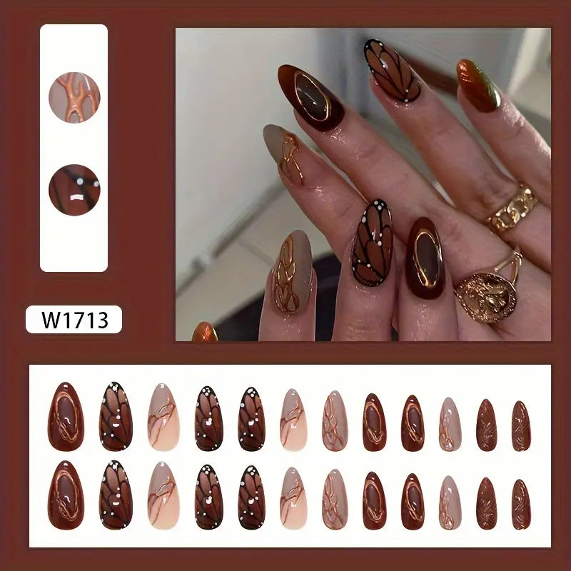 YelloTee 24pcs Brown Almond Press-On Nails with 3D Butterfly Design and Gold Accents – Glossy Fake Nail Set