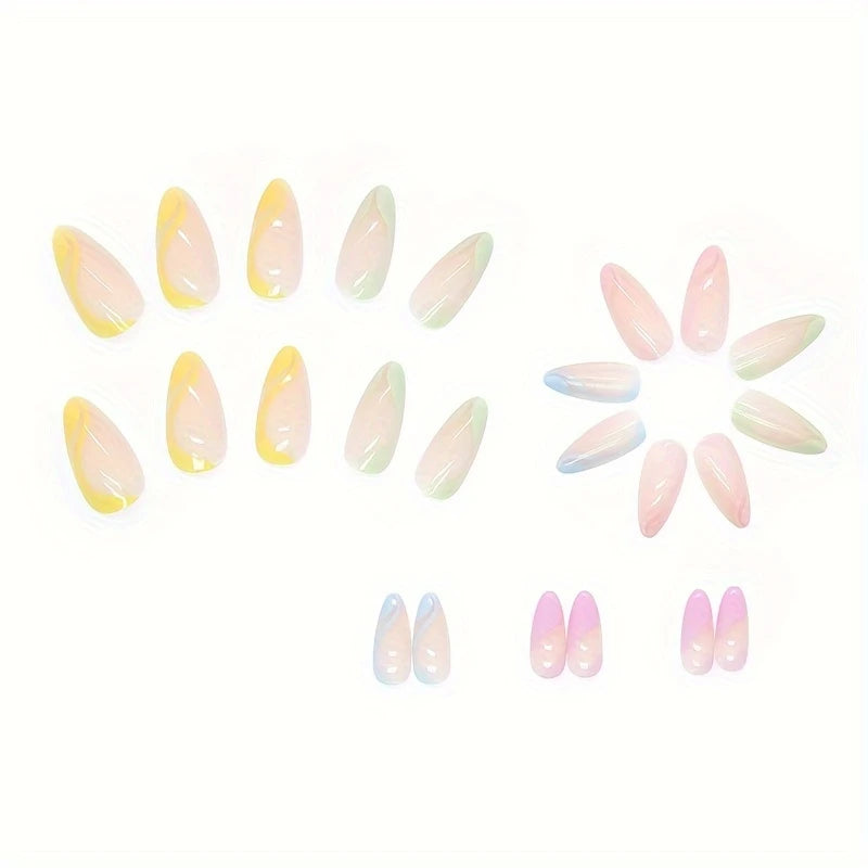 YelloTee 24pcs colorful stripes almond press-on nails with French tip design, full-coverage glossy nails with jelly glue and nail file