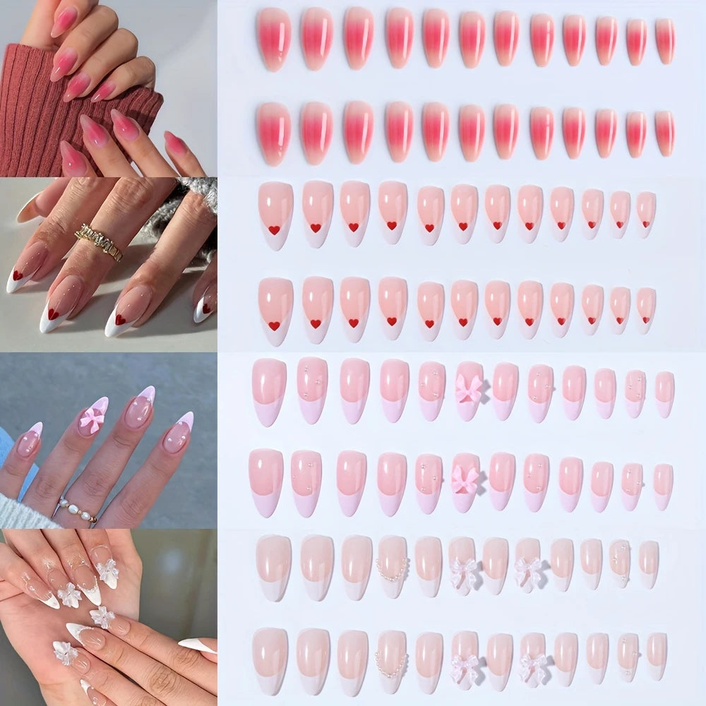 YelloTee 96pcs French almond short press-on nails with DIY nail tools, perfect for women and girls in INS style