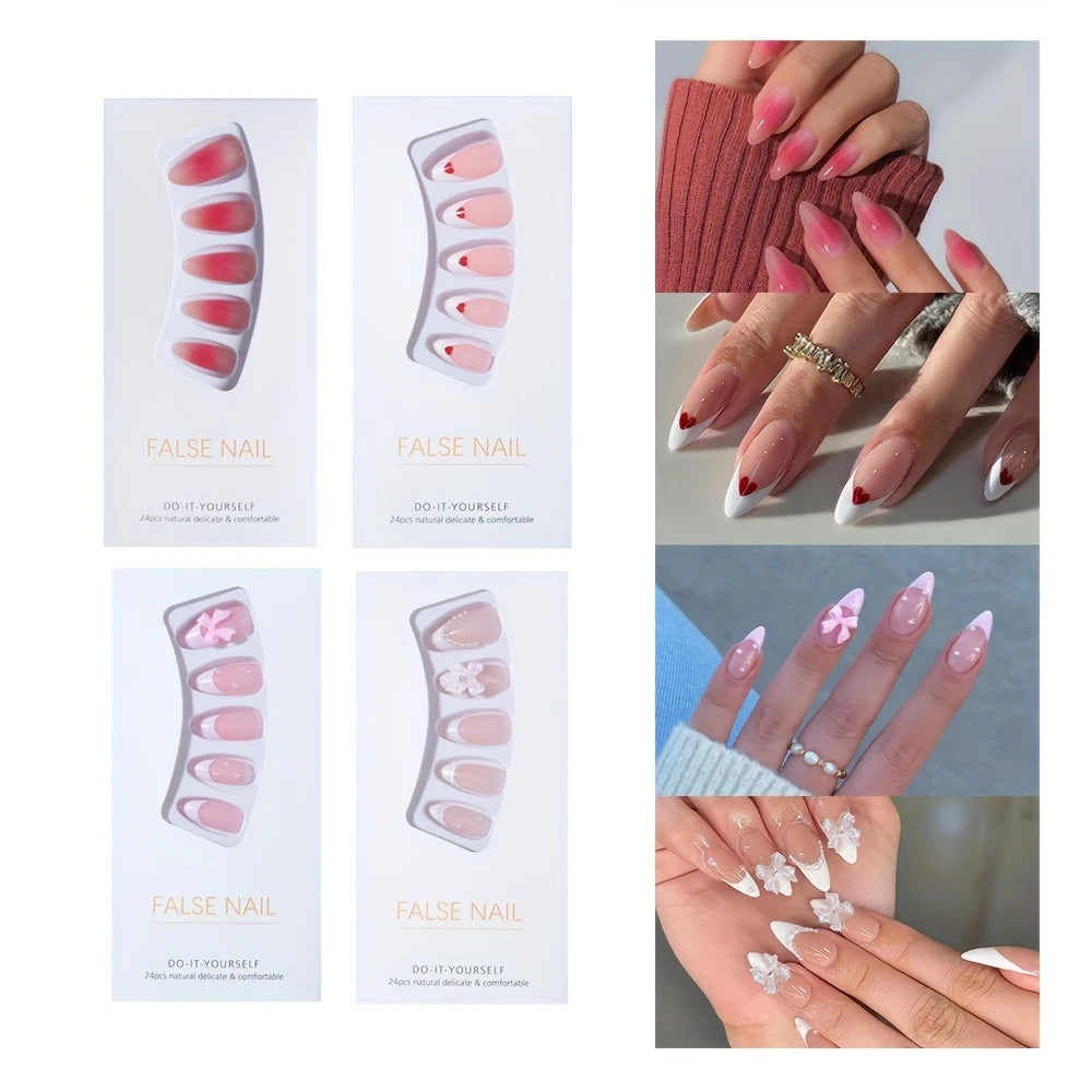 YelloTee 96pcs French almond short press-on nails with DIY nail tools, perfect for women and girls in INS style