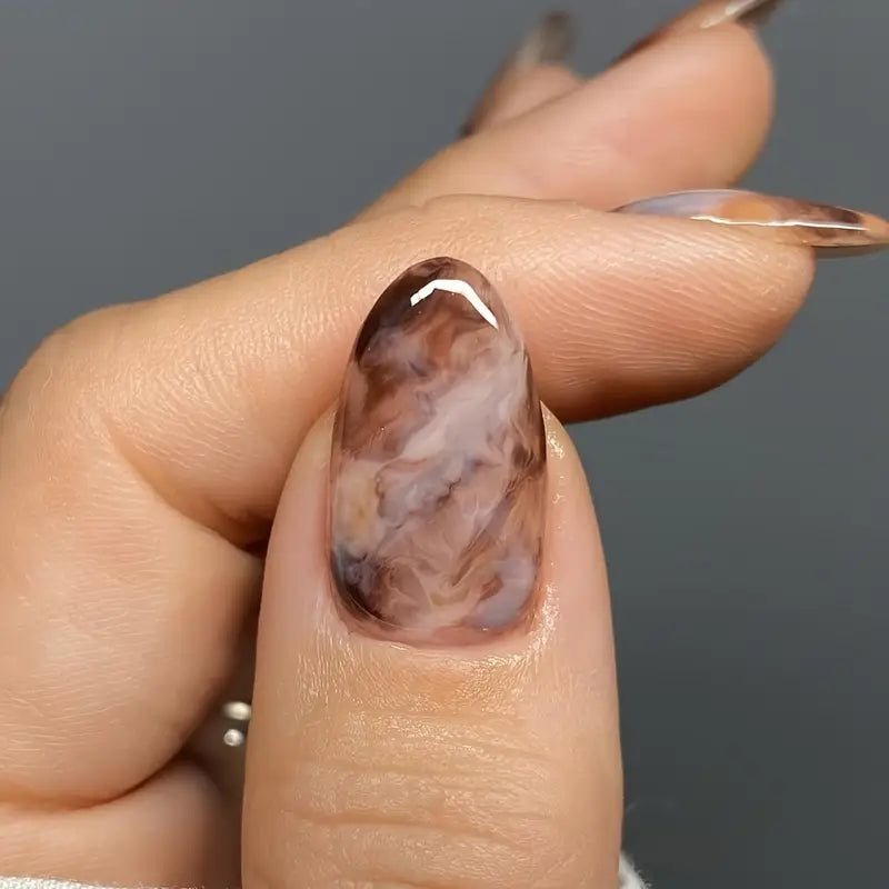 YelloTee Oval Marble Press-On Nails – 24pcs Short Glossy Fake Nails with Glue for Women and Girls