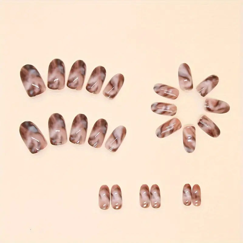 YelloTee Oval Marble Press-On Nails – 24pcs Short Glossy Fake Nails with Glue for Women and Girls