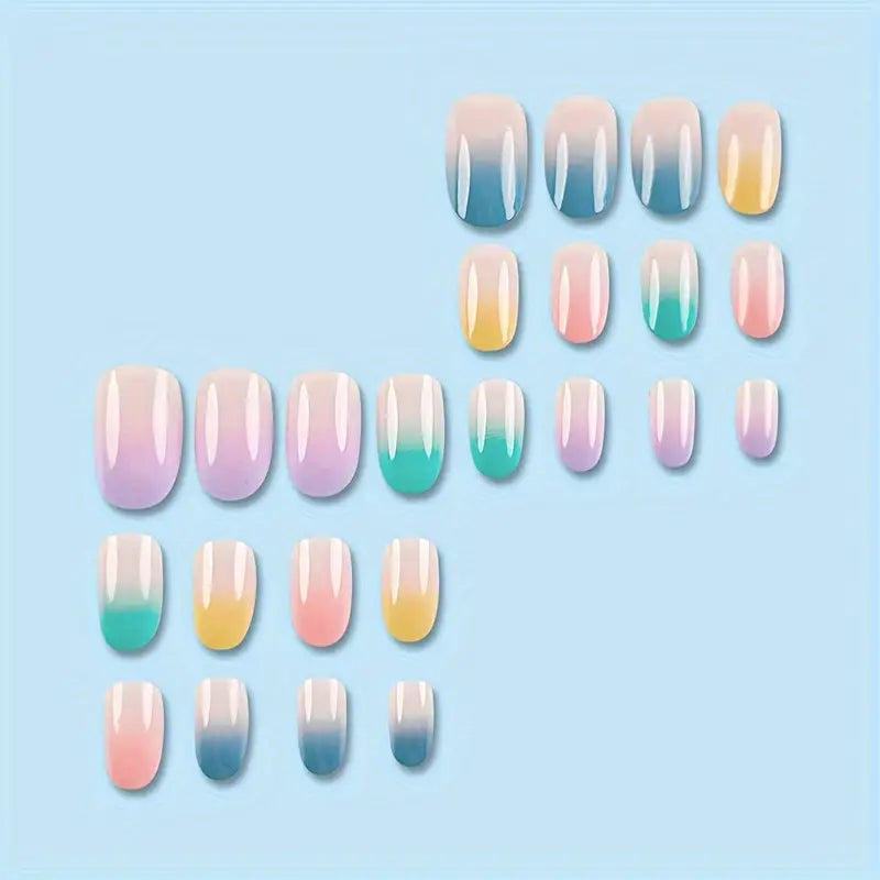 YelloTee Pink and Green Gradient Press-On Nails – 24pcs Glossy Medium Oval Fake Nails