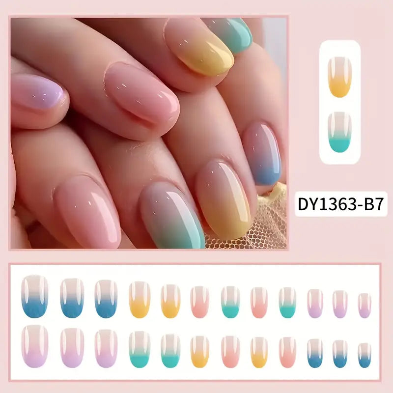 YelloTee Pink and Green Gradient Press-On Nails – 24pcs Glossy Medium Oval Fake Nails