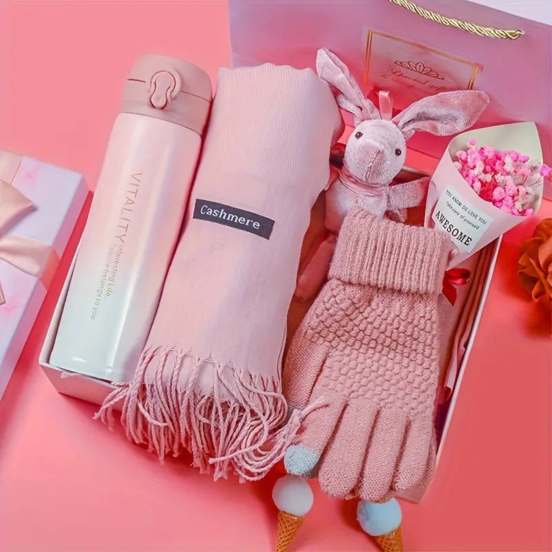 4-Can Set 14oz Stainless Steel Insulated Mugs – Holiday Gift Set with Gloves, Scarf & Dried Flowers