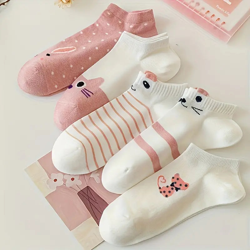 5 Pairs Women’s Cute Cartoon Cat Ankle Socks – Breathable Low-Cut Stockings