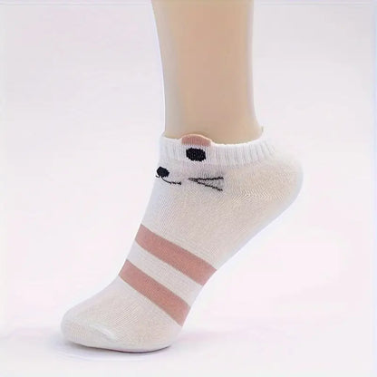 5 Pairs Women’s Cute Cartoon Cat Ankle Socks – Breathable Low-Cut Stockings