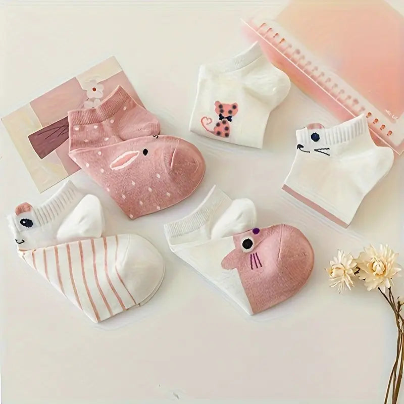 5 Pairs Women’s Cute Cartoon Cat Ankle Socks – Breathable Low-Cut Stockings