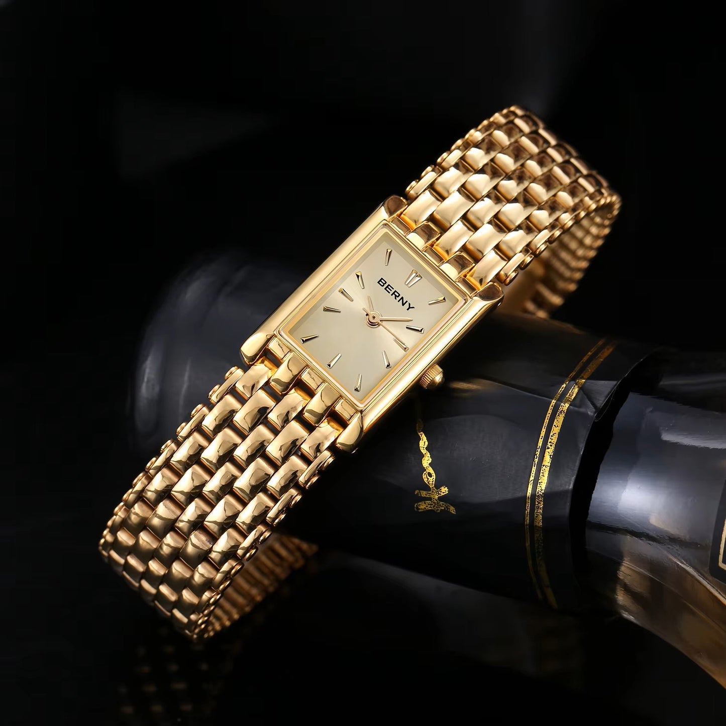 BERNY Gold Watch for Women – Square Stainless Steel Quartz Wristwatch