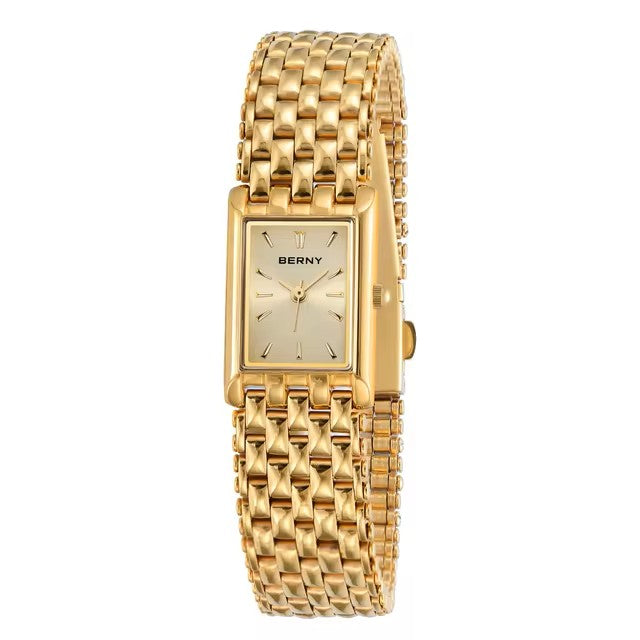 BERNY Gold Watch for Women – Square Stainless Steel Quartz Wristwatch