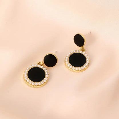 Double Black Round Design Dangle Earrings