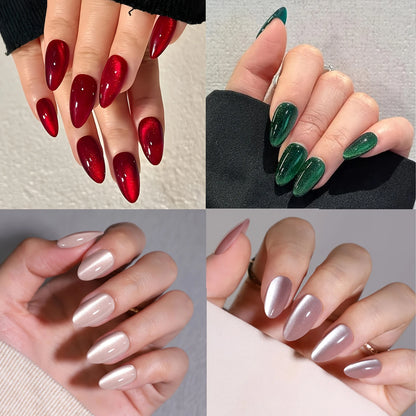 108pcs Cat's Eye Press-On Nails – 4 Styles in Red Almond Shape