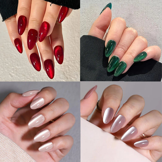 108pcs Cat's Eye Press-On Nails – 4 Styles in Red Almond Shape