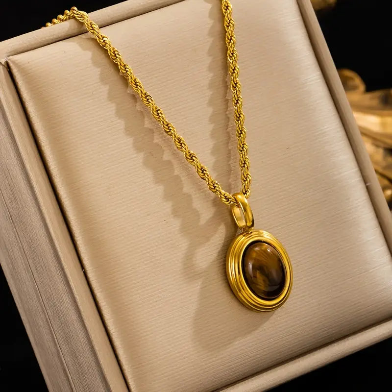 Golden Stainless Steel Necklace with Tiger Eye Stone – Fashionable Twisted Design for Women