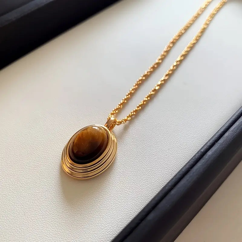 Golden Stainless Steel Necklace with Tiger Eye Stone – Fashionable Twisted Design for Women