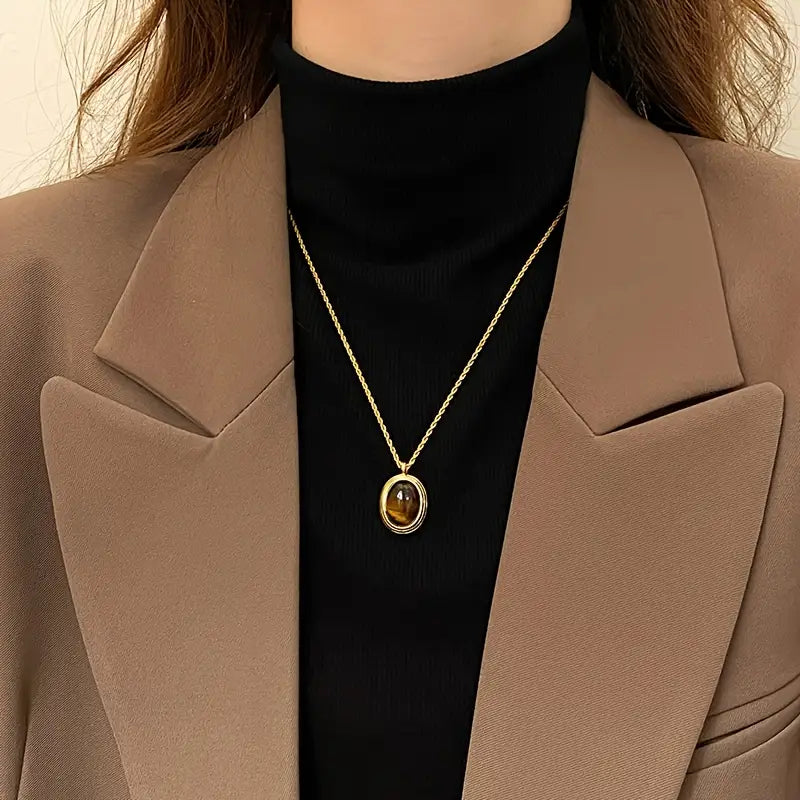 Golden Stainless Steel Necklace with Tiger Eye Stone – Fashionable Twisted Design for Women