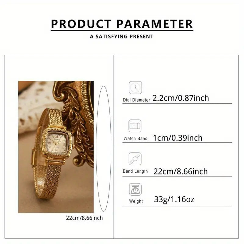 Vintage Golden-Tone Women’s Quartz Watch – Roman Numeral Square Dial & Stainless Steel Strap
