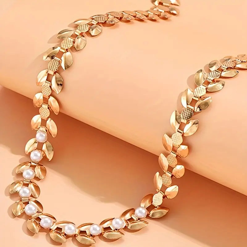 Wheat Spike Choker Necklace with Faux Pearls