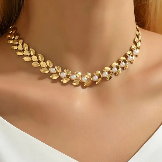 Wheat Spike Choker Necklace with Faux Pearls