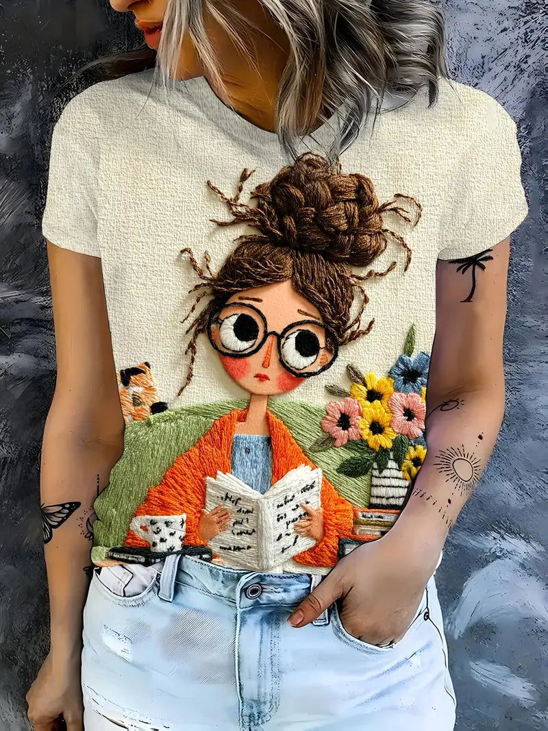 Women’s Casual Embroidered T-Shirt – Reading Print Graphic Tee with 3D Floral Design