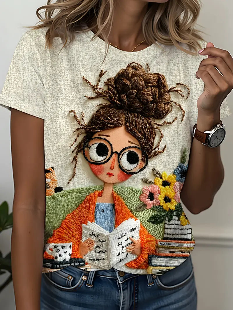 Women’s Casual Embroidered T-Shirt – Reading Print Graphic Tee with 3D Floral Design