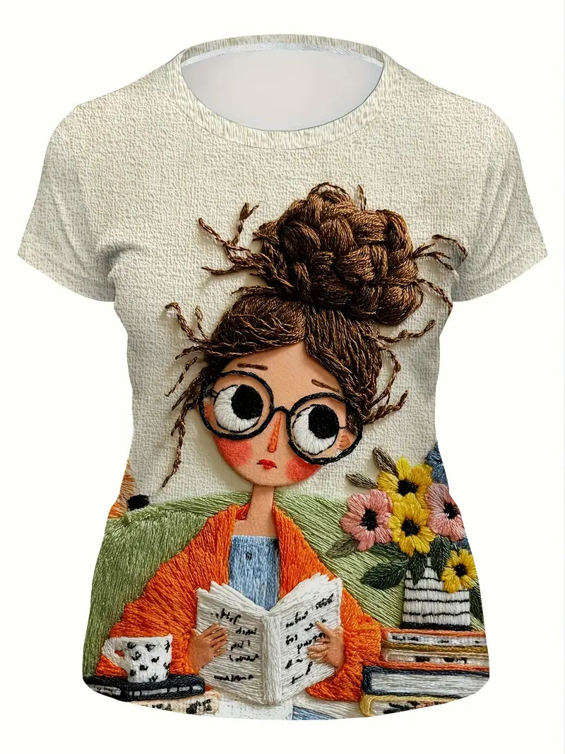 Women’s Casual Embroidered T-Shirt – Reading Print Graphic Tee with 3D Floral Design