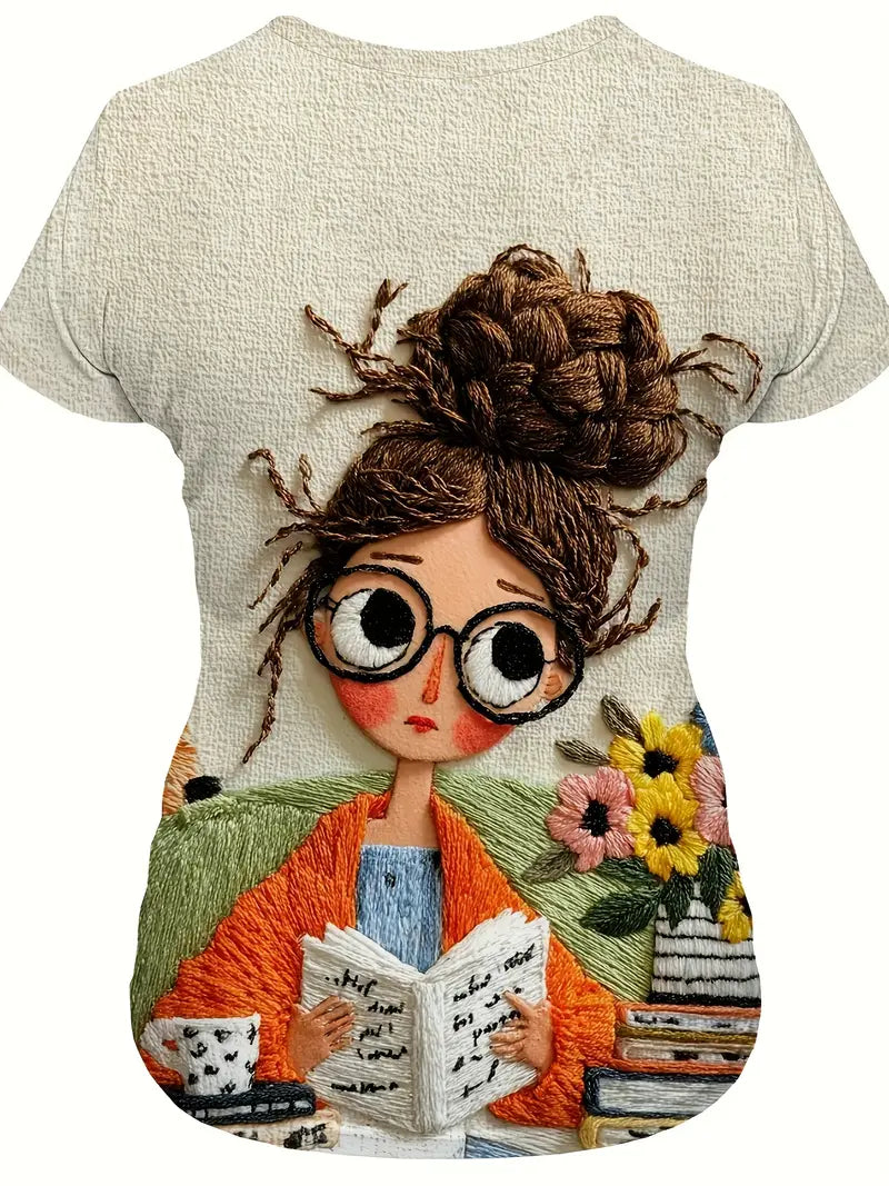 Women’s Casual Embroidered T-Shirt – Reading Print Graphic Tee with 3D Floral Design