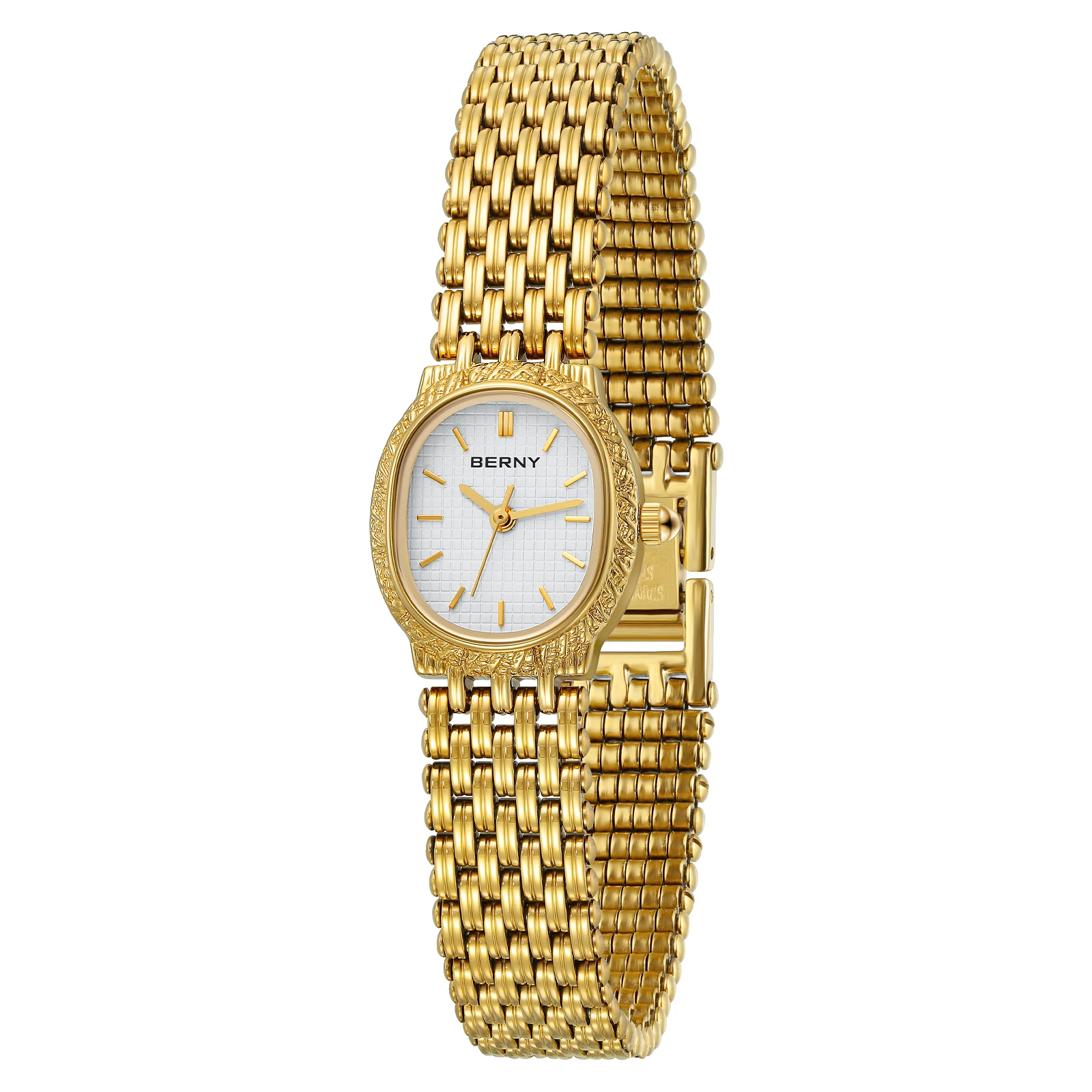 BERNY gold women's quartz watch with stainless steel strap, waterproof design, and retro elliptical dial