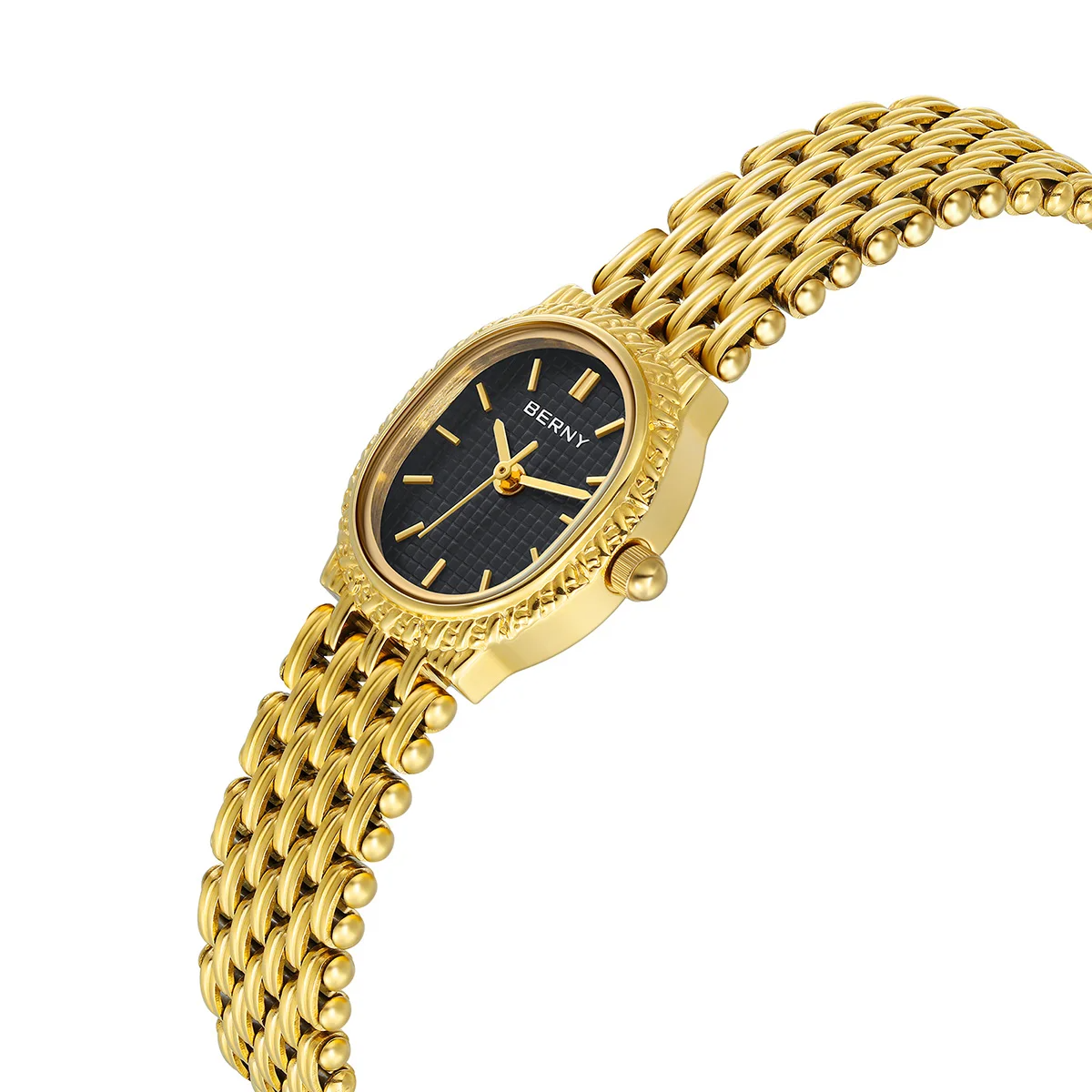 BERNY gold women's quartz watch with stainless steel strap, waterproof design, and retro elliptical dial