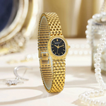 BERNY gold women's quartz watch with stainless steel strap, waterproof design, and retro elliptical dial