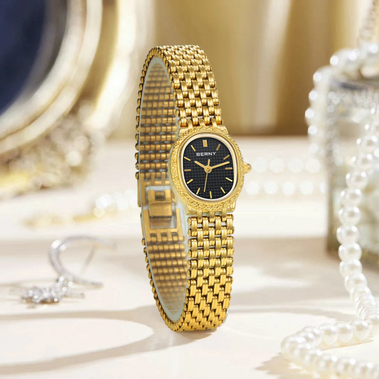BERNY gold women's quartz watch with stainless steel strap, waterproof design, and retro elliptical dial