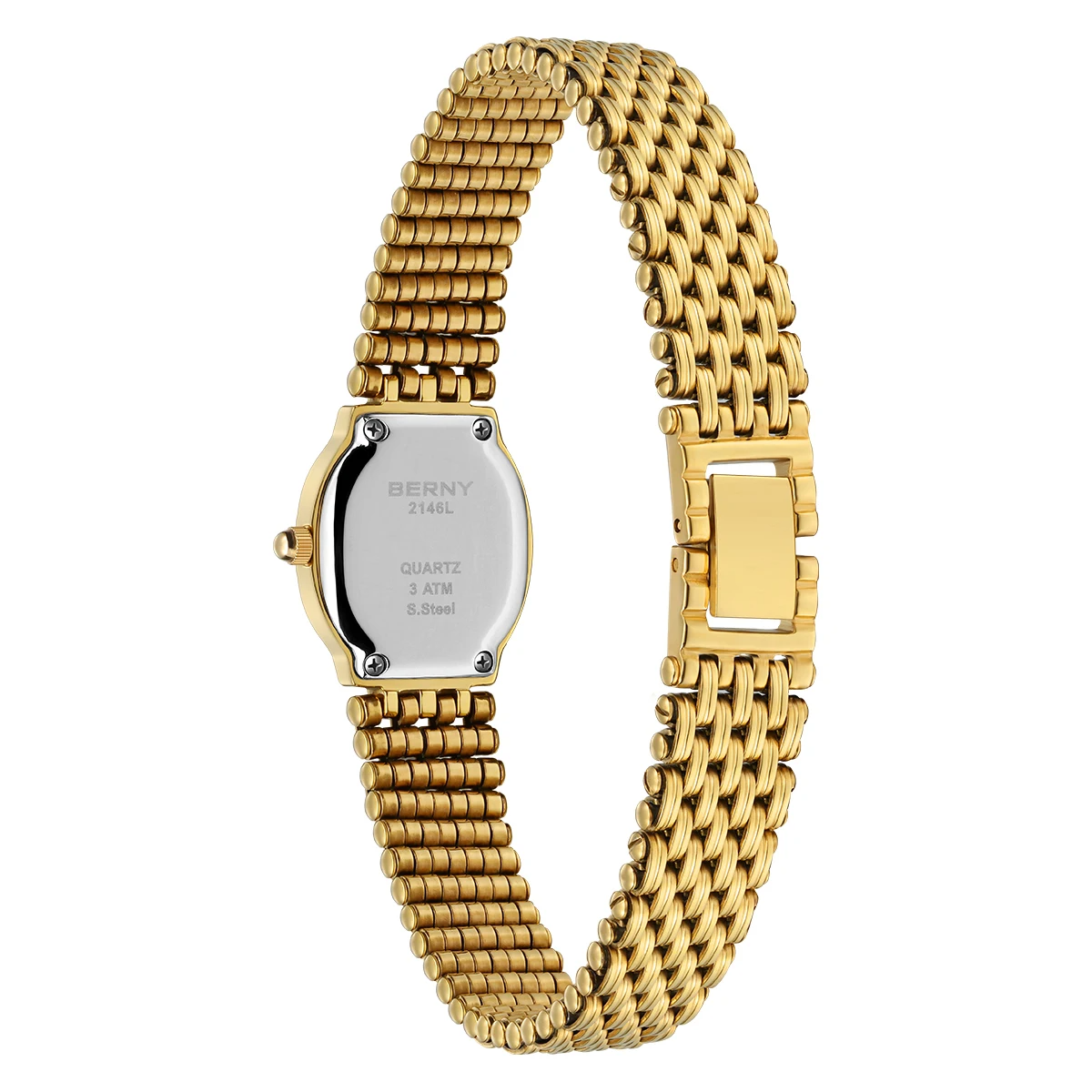 BERNY gold women's quartz watch with stainless steel strap, waterproof design, and retro elliptical dial