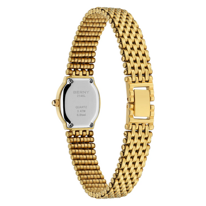 BERNY gold women's quartz watch with stainless steel strap, waterproof design, and retro elliptical dial