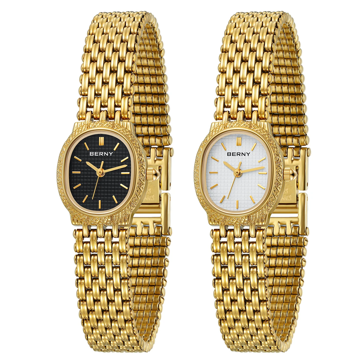 BERNY gold women's quartz watch with stainless steel strap, waterproof design, and retro elliptical dial